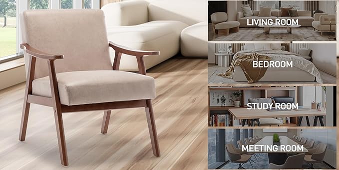 Mid-Century Modern ChairUpholstered Armchair Living Room Chair with Solid Wood Frame Comfy Reading Chairs Lounge Side Chair for Living RoomBedroomBelcony. (Light Camel+Fabric)