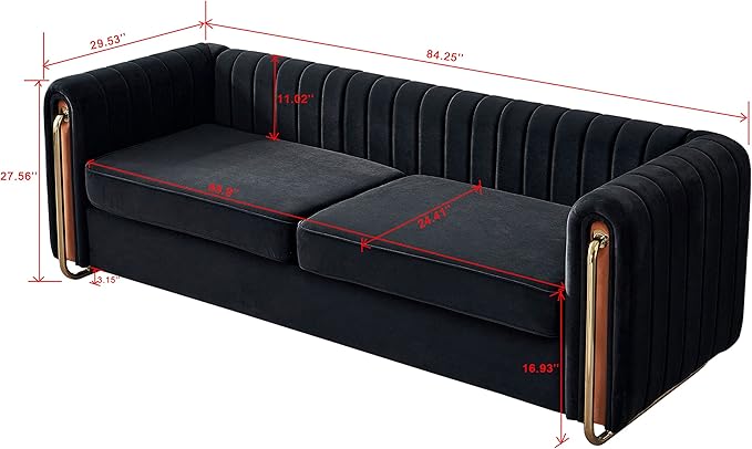 kevinplus 84.2'' Velvet Chesterfield Sofa Couch for Living Room Modern Luxury 3-Seat Upholstered Sofa Couch for Apartment Bedroom Dorm Office Strong Gold Metal Legs (Channel Backrest Black)
