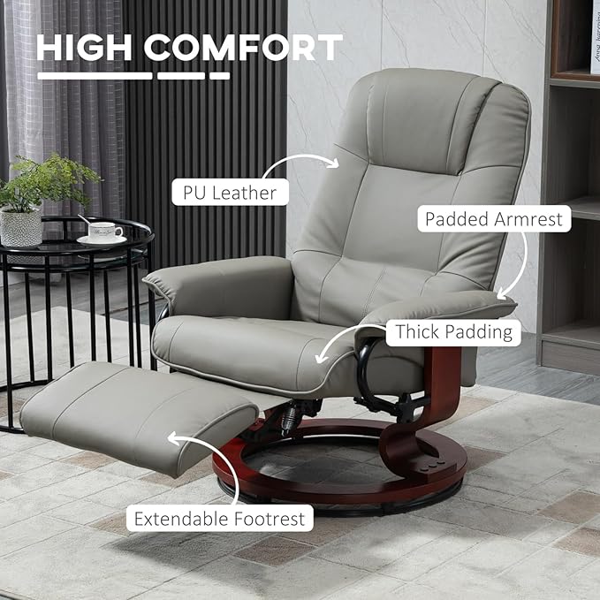 Faux Leather Manual Recliner Chair with Swivel Wood Base &amp Padded Armrests - Living Room Bedroom