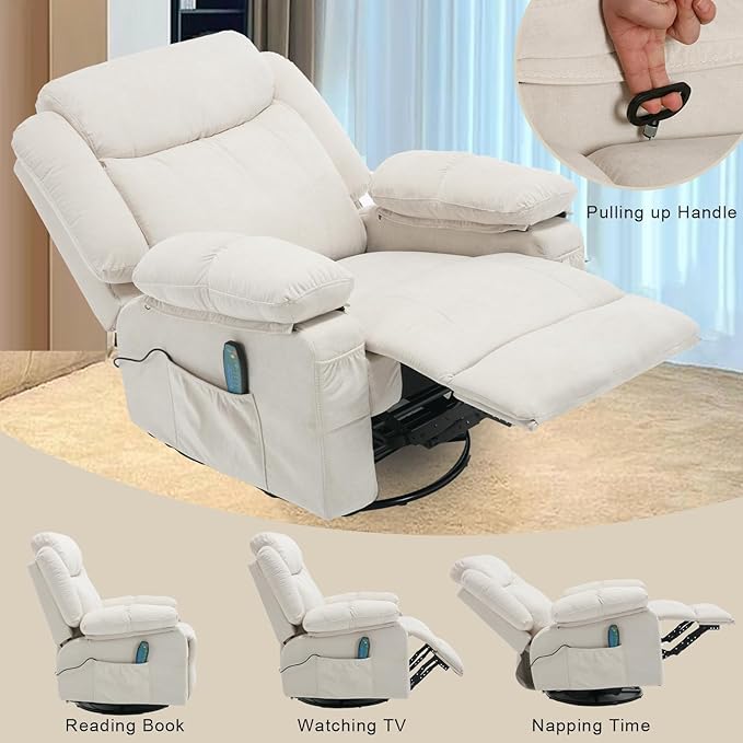 Swivel Rocker Massage Recliner Chair with Heat Overstuffed Fabric Rocking Recliners Single Sofa for Adult Manual Reclining Recliners Home Theater Lounge Chairs for Living RoomWhite