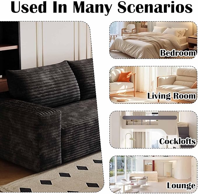 71 Corduroy Couch in a Box Cloud Loveseat Sofa with 2 Cushions Boneless Couches for Living Room Bedroom Small Space Compressed Deep Seat Memory Foam No Assembly (Black 71)