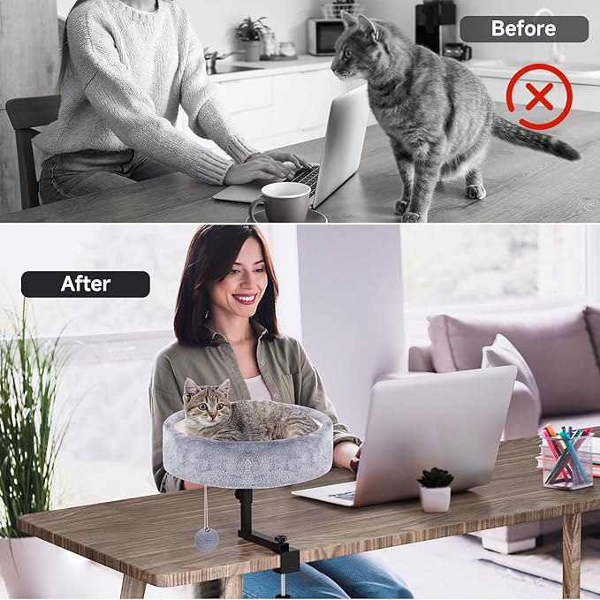 Cat Desk Bed - 360° Rotating &amp Adjustable Supports 44 lbs Soft Faux Fur with Dual-Sided Reversible Mat Modern Indoor Cat Nest Furniture for Office Desks and Game Tables Island Table