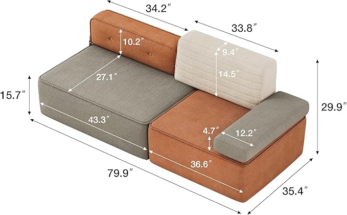 79.9 Modular Sofa Couch Modern 3-Seater Sectional with Detachable Backrest Deep Seating Comfortable Sofa for Living Room Apartment or Office Multi-Tone Beige/Brown/Orange