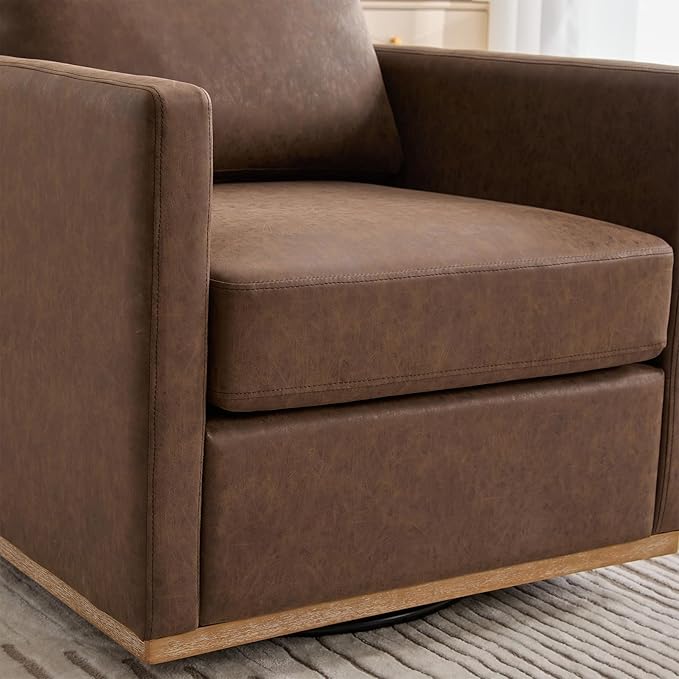 360° Swivel Accent Chair Square Modern Comfy Chair with Metal Base &amp Thicked Cushion Upholstered Lounge Reading Armchair Cozy Cloud Sofa Chairs for Living Room Bedroom Office Club(PU Coffee