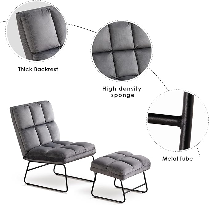 MCombo Velvet Accent Chair with Ottoman Set Modern Armless Chair for Living Room Bedroom Small Spaces Fabric 0014 (Dark Grey)