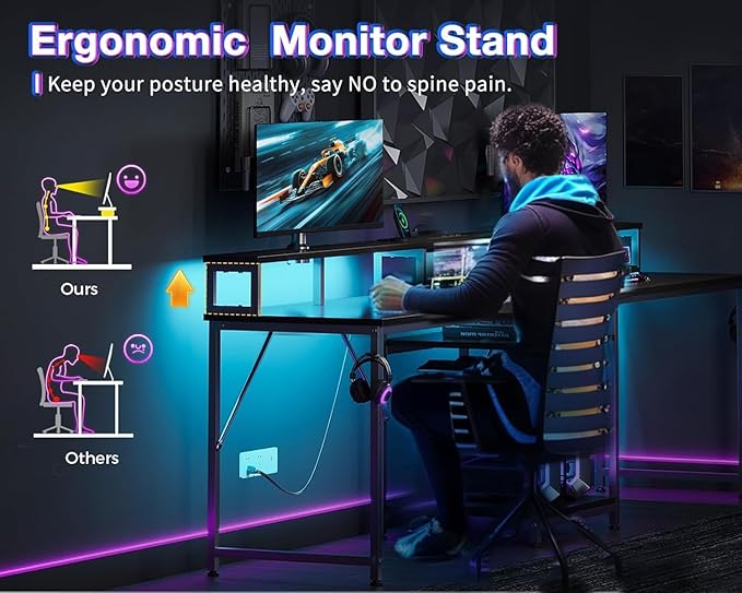 Casaottima 98 Inch 2 Person Gaming Desk with Storage Shelves Long Double Home Office Computer Writing Desks with USB Charging Port &amp LED Lights Monitor Stand Modern Study/Work TableBlack
