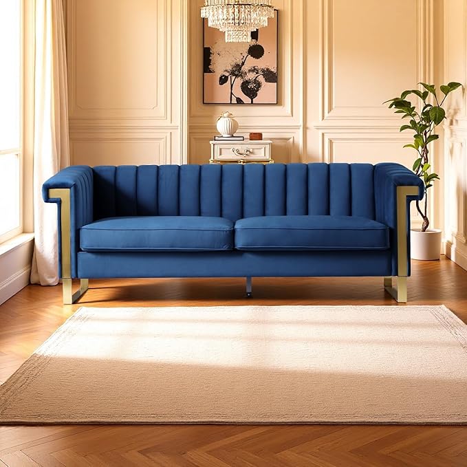 KEIKI 84 Velvet Sleek Channel-Tufted Sofa with Armrest and Back Cushions Modern Style Gold Accents 3-Seater Upholstery Couch with Solid Legs Easy Assembly for Living Room Bedroom Apartment Blue