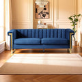 KEIKI 84 Velvet Sleek Channel-Tufted Sofa with Armrest and Back Cushions Modern Style Gold Accents 3-Seater Upholstery Couch with Solid Legs Easy Assembly for Living Room Bedroom Apartment Blue