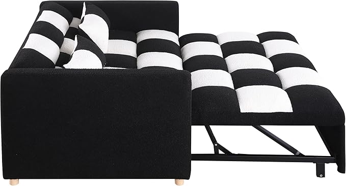 Loveseat Sleeper Sofa- Convertible Sofa Bed3 in 1 Pull Out Couch with Adjustable BackrestMulti-Functiona Lounge Chair with Teddy Fabric for Living RoomSmall Space (Black White)