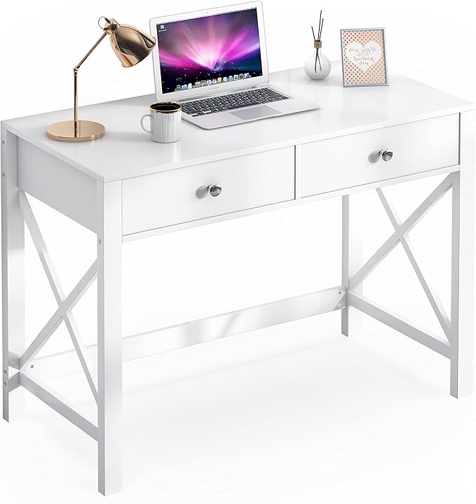 WiberWi Home Office Desk with Drawers White Modern Writing Computer Desk Small Makeup Vanity Table for Bedroom Study Table for Home Office