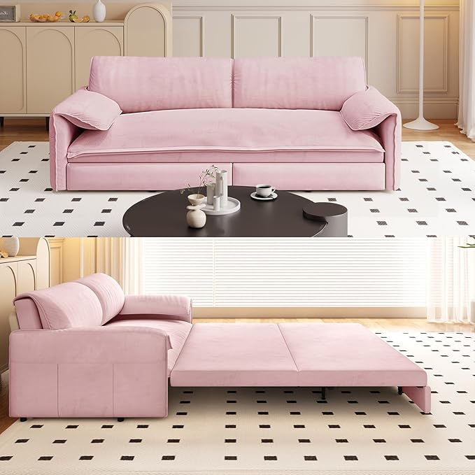 Newfun 66 Futon Sofa Bed 3 in 1 Convertible Sleeper Sofa with Side Storage Velvet Loveseat Bed Pull Out Sofa Bed for Living Room Small Space Bedroom Studio (Pink)