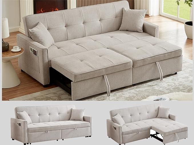 81 Inch Queen Size Convertible Sleeper Sofa 3 in 1 Sleeper Couch with Storage and Pull Out Bed Oversized Loveseat Futon Sofa Hide-A-Bed Fold Out Couch for Living Room