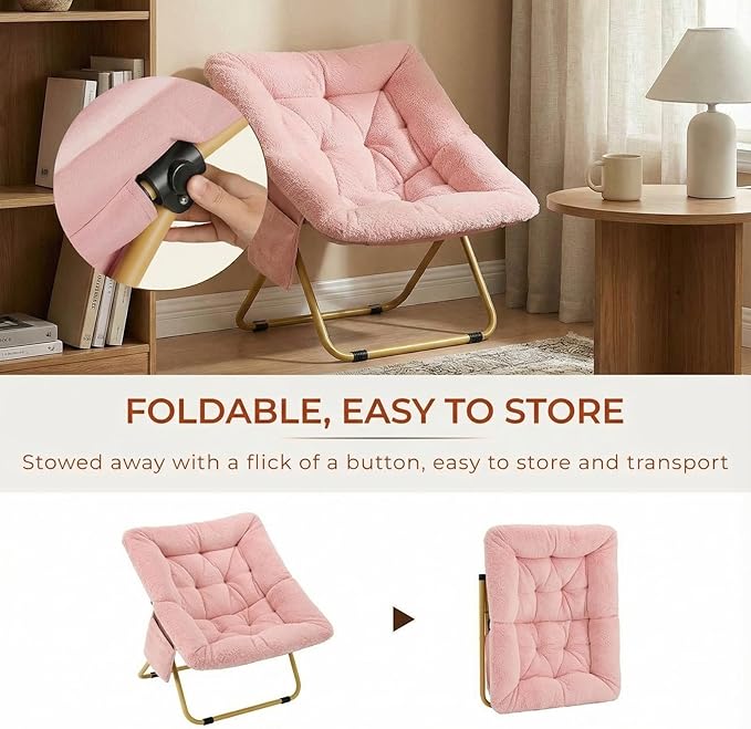 TLSUNNY Comfy Saucer Chair Oversized Foldable Lounge Lazy Chair Soft Faux Fur Reading Chair for Teens Adults Stable Metal Frame Moon Chair for Living Room Bedroom Dorms Office X-Large (Pink)