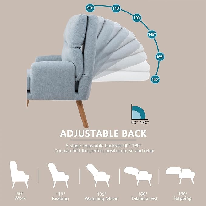 Accent Chair with Ottoman SetFabric Armchair with Wood Legs and Adjustable High Backrest Mid Century Modern Upholstered Lounge Chair for Living RoomBedroomReading Room and Study (Blue)