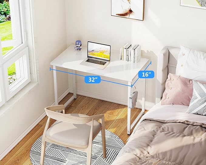 Casaottima 32 Inch Small Computer Desk for Home Office Study Writing Table for Small Spaces Simple Modern Desk with Headphone Hooks Pure White