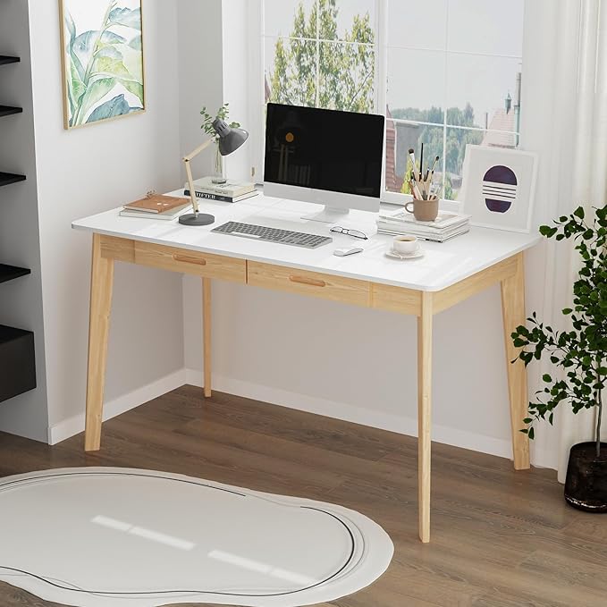 FUFU&ampGAGA 47” Office Desk Rectangular Computer Desk with 2 Drawers Writing Table for Reading Crafting Home Office Study Room White and Oak 47.2”W x 21.7”D x 29.5”H