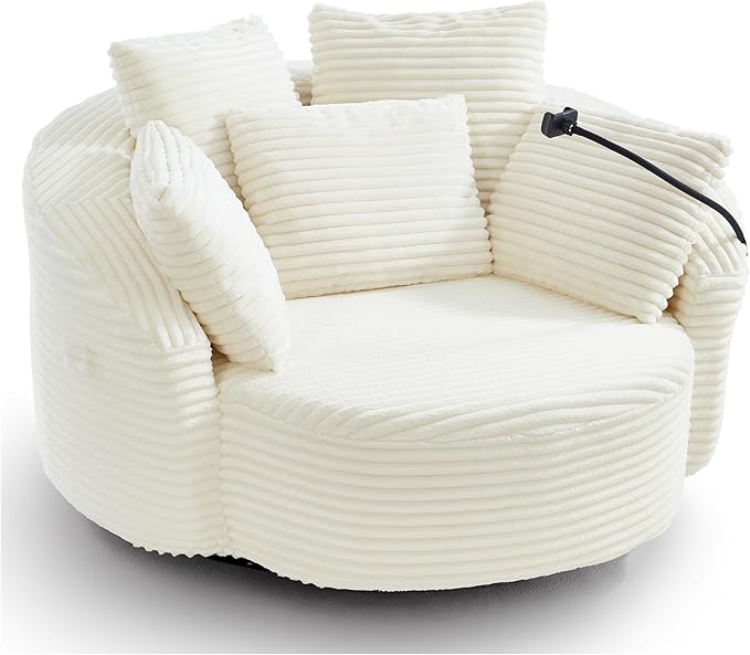 360° Swivel Accent Chair with 5 Throw Pillows Adjustable Phone Holder Corduroy Fabric Round Sofa Chair Barrel Chair with Semi-Wraparound Design for Living Room Office and Hotel (Beige1)