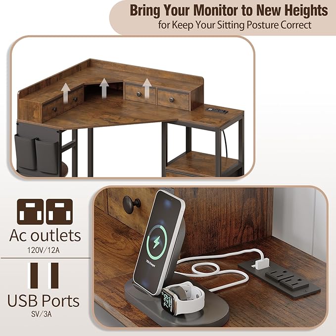 Corner Desk with 6 Fabric Drawers Shelves for Small Space Computer Desk with Power OutletsGaming Desk with Printer Monitor Stand Storage for Home Office Workstation Writing Table Brown