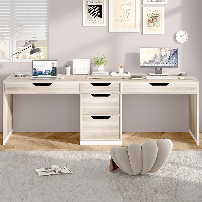 Two Person Desk with 5 Drawers Double Desk with Storage for 2 People 78 Inch Extra Long Computer Desk Workstation with File Drawer for Home Office White and Walnut