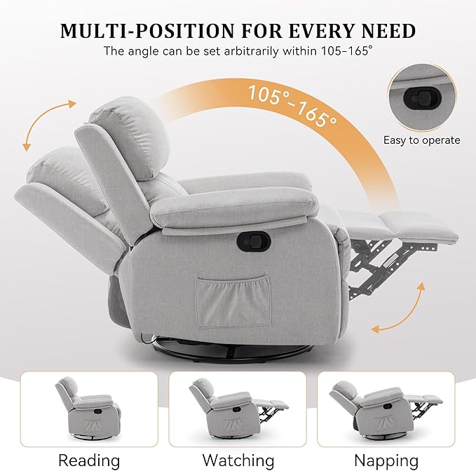 Recliner Chair 360 Swivel Rocker Chair for Adults Small Rocking Recliner for Small Spaces Upholstered Fabric Glider Recliner Nursery
