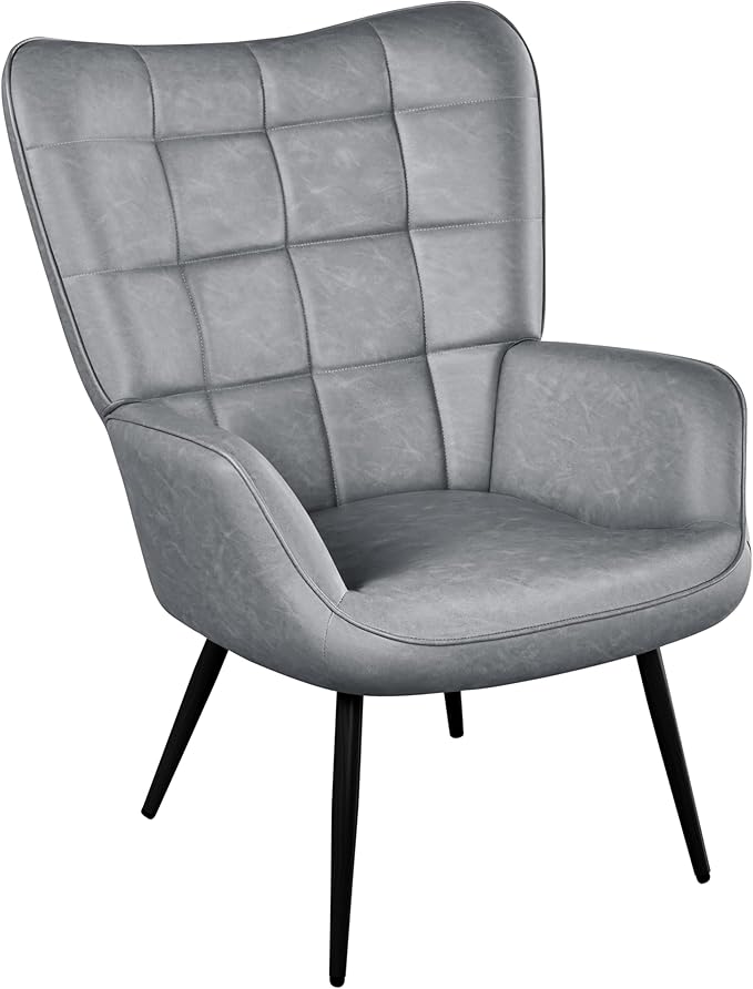 Yaheetech Accent Chairs Large PU Leather High-Back Chair w/Metal Legs Pottery Barn Style Living Room Chairs for Bedroom/Home Office Gray