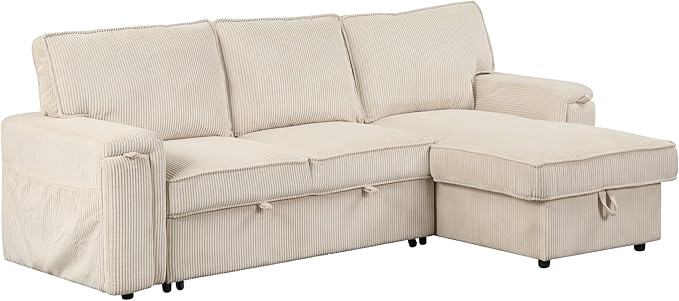 LUMISOL 96 Convertible Sleeper Sofa Bed L-Shaped Sofa with Pull Out Bed &amp Storage Chaise Corduroy Sectional Sleeper Couch with Cup Holders &amp Pockets for Living Room Apartment Beige