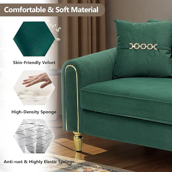 87.5 Modern 3-Seater Velvet Couch with Metal Legs &amp Decorative Pillows High Resilience Sponge Spring Seat Luxury Sectional Loveseat Sofa for Living Room Apartment Small Space Green