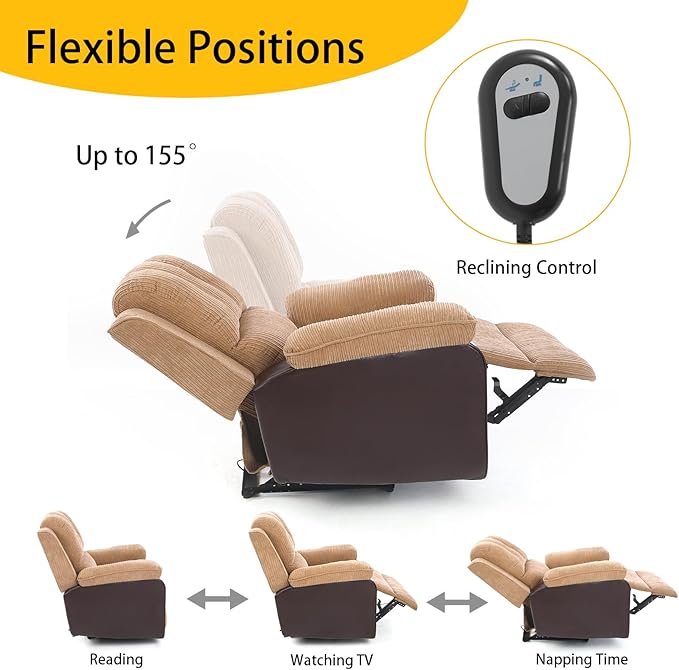 PU Power Recliner Sofa Ergonomic Lounge Chair Corduroy 8-Pointpower Recliner Heat Massage Electric Recliner Chairs with Side Pockets Brown Single Couch Comfy Chair for Bedroom Living Room