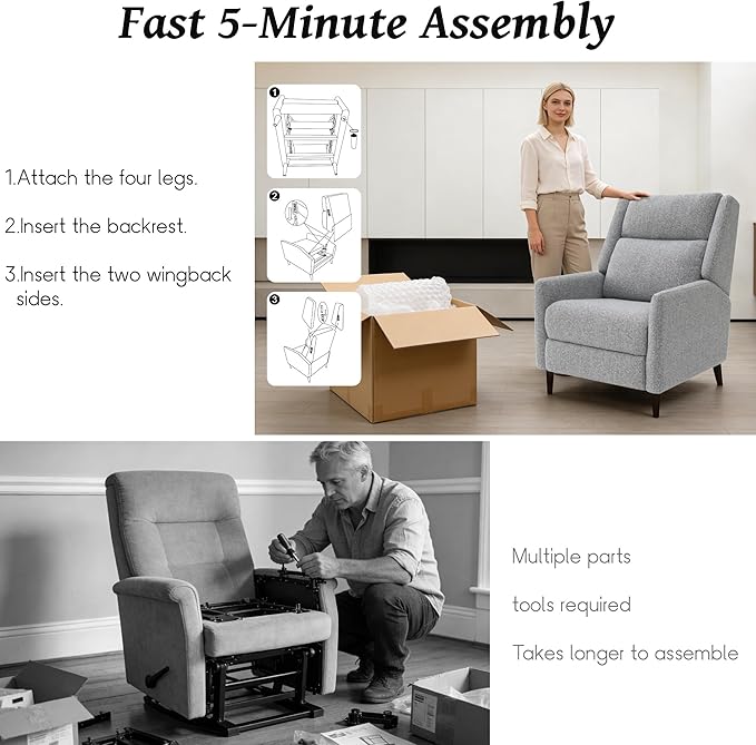 leovanni Push Back Recliner Chair Fabric Upholstered Recliner with Adjustable Backrest and Footrest Modern Comfy Reclining for Living Room Bedroom Small Spaces Gray