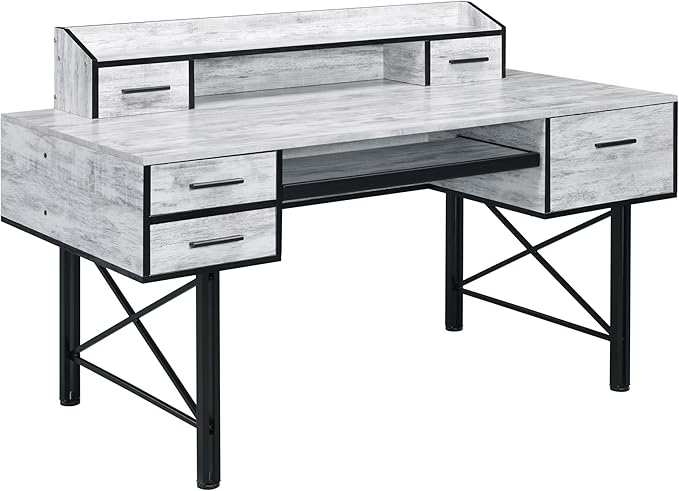 Antique White and Black 5-Drawer Computer Desk - Office Storage &amp Home Decor