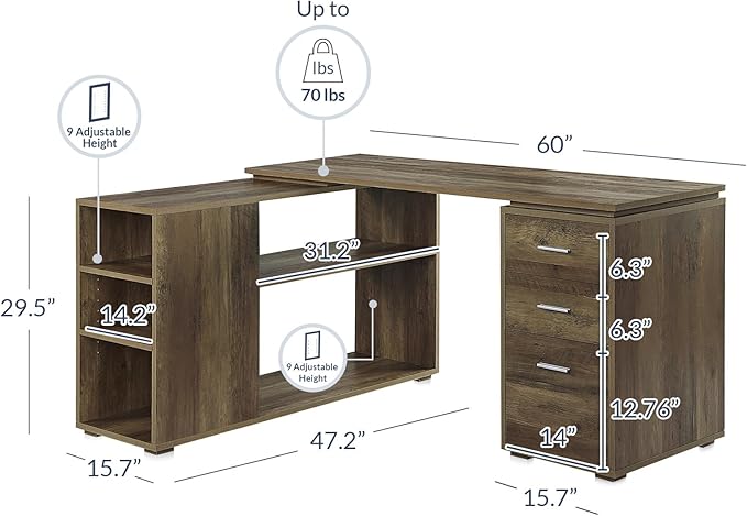 BELLEZE L Shaped Computer Desk 60” Study Writing Table Home Office Desk Morden Corner Workstation Setup with Adjustable Storage Shelves and 3 Drawers Rustic Oak