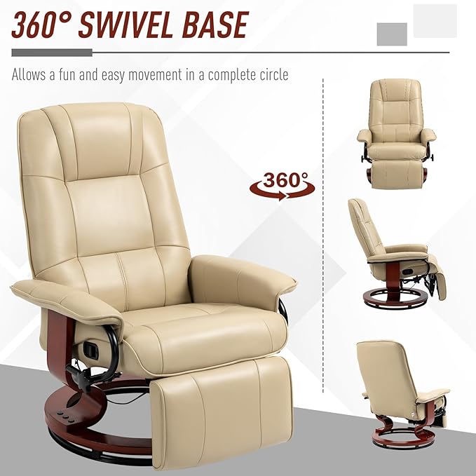 HOMCOM Faux Leather Manual Recliner Adjustable Swivel Lounge Chair with Footrest Armrest and Wrapped Wood Base for Living Room Cream White