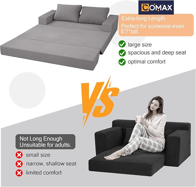 COMAX Convertible Sofa Bed Queen Corduroy Folding Floor Couch Pull Out Couch Bed Futon Sleeper with Pillows Fold Out Boneless Sofa Comfy Lounge Mattress Loveseat for Living Room Bedroom Light Grey