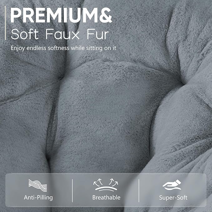 DUMOS Comfy Saucer ChairFaux Fur Lounge Seasting XL Circle Chair for Bedroom Dorm &amp Gaming Foldable FAccent Seat for Small Spaces Folding Moon/Mushroom/Round Oversized Style Modern Grey