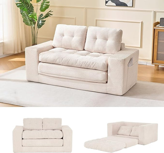Fefances 66.93”Boneless Sofa Bed 2-in-1 Convertible Loveseat &amp Folding Futon Couch Small Space-Saving Design with Corduroy Fabric for Living Room Bedroom Studio Apartment - Beige