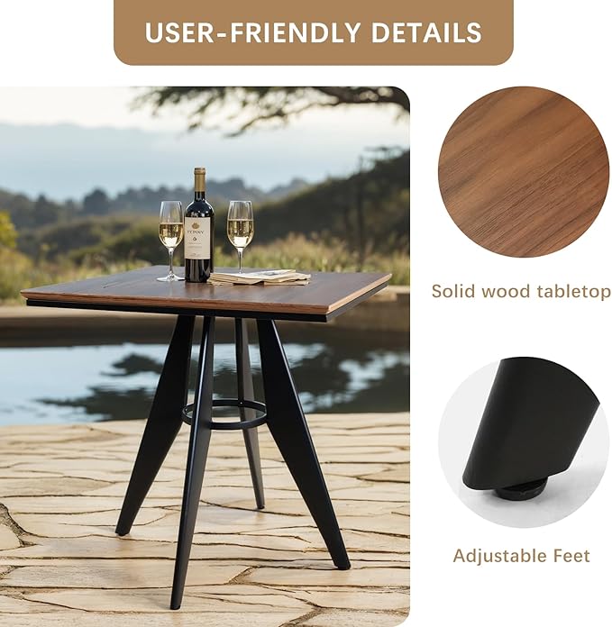 Square Cafe Table - 27.6 Oak Wood Top Metal Frame 28.15 High Modern Industrial Dining Table for Kitchen Home Office Bistro Compact for Space Saving