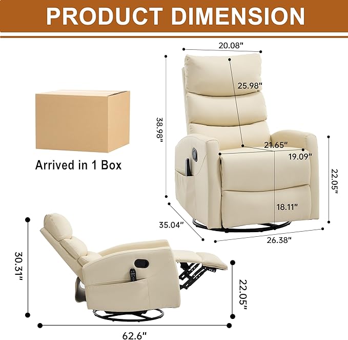 Manual Swivel Rocker Recliner Chair for Adults Overstuffed Reclining Glider Chair for Nursing with Vibration Massage &amp Heat Living Room Rocking Recliner 3-Stage backrest Faux Leather Light Yell