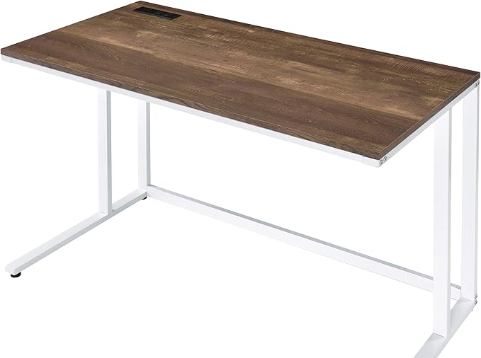 Walnut and White Writing Desk with USB Port - Spacious Rectangular Design - Open Base - for Home Offices &amp Bedrooms
