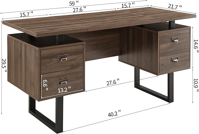 LEEMTORIG Computer Desk with Drawers 59 inch Large PC Desk Gaming Desk Modern Industrial Study Student Writing Table Workstation for Home Office Bedroom Walnut Brown CTSZ-20401-WA