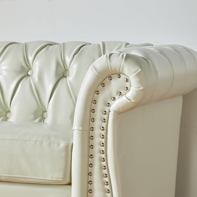 LEVNARY Leather Sofa Chesterfield Tufted Upholstered 2 Seater Couch Modern Loveseat Couch Classic Furniture for Living Room Bedroom (Cream White)