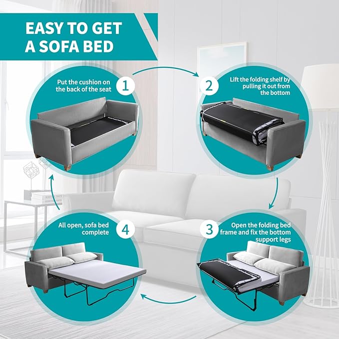 BALUS Full Pull Out Sofa Bed 71 Width 2-in-1 Velvet Loveseat Sleeper Sofa Pullout Couch Bed with Memory Foam Pillows and Mattress for Living Room Furniture Office Apartment Small Space Light Grey