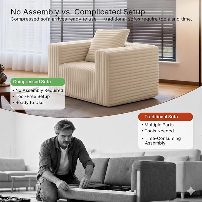 Single Cloud Sofa High Backrest Wider Armrest Foam Boneless Couch Comfy Furry Pillowed Single Seater for Small Spaces Living Room Bedroom Dorm Office（Beige）