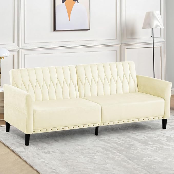 77” Velvet Sofa Bed with Adjustable Armrests and BackrestsTufted Convertible Futon Couch with Nailhead Trim Loveseat Modern Velvet Sleeper Sofa for Living RoomBedroomOffice Beige