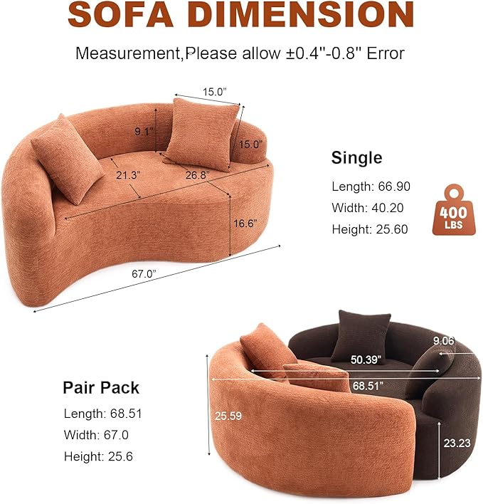Modern Chenille S-Curved Modular Loveseat Sofa 66.9 Compression Sponge Boneless Couch No Assembly Required Cozy Upholstered Seating for Living Room Apartment Office or Meditation Space (Coral)