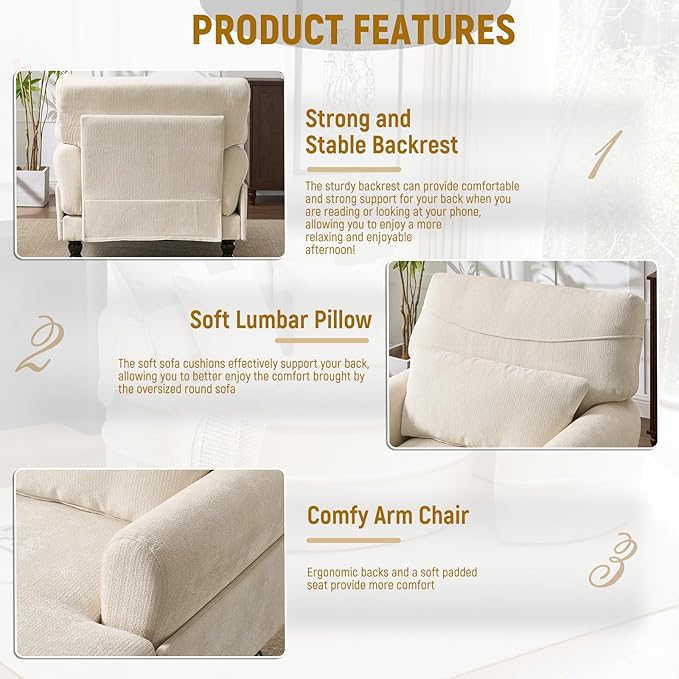 Accent Chair 51'' Modern Armchair for Living Room Upholstered High Back Lazy Sleeper Armchair Recliner for Woman Chaise Lounge Chair Indoor Single Reading Sofa Chair with Wood Legs (White)