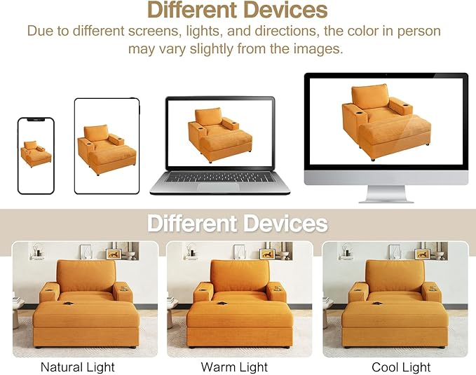 42.8 Oversized Chaise Lounge Chair with Storage Ottoman Corduroy Sofa Bed with Cup Holders &amp USB Charging Port Upholstered Sleeper Chair for Living Room BedroomYellow