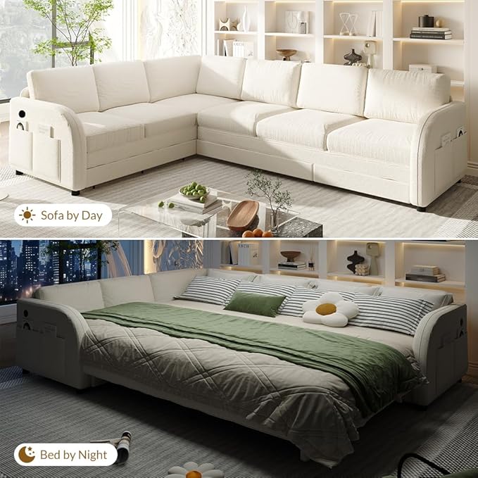 115.2 Sectional Sleeper Sofa with Pull Out Bed Comfy Teddy L Shaped Convertible Sleeper Couch Oversized Modern Modular Deep Seat Cloud Couches with USB Ports for Living Room Beige White