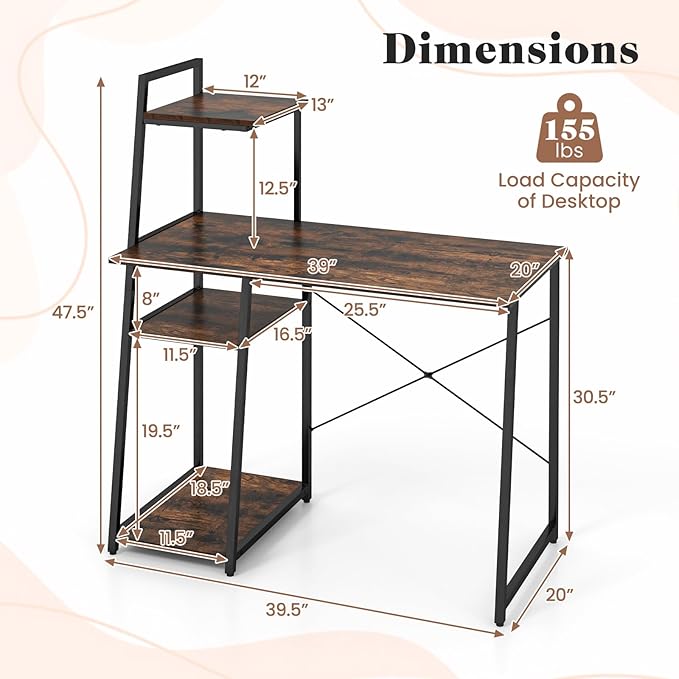 Tangkula Computer Desk with Shelves Space Saving Home Office Desk with 3-Tier Ladder Shaped Storage Bookshelf Modern Writing Study Desk with Metal Frame Compact Computer Workstation (Rustic Brown)