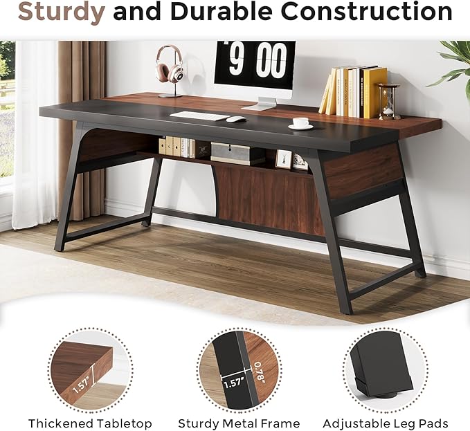 63-inch Executive Desk with Storage Shelf Large Home Office Desk with Metal Frame &amp LED Light Long Computer Desks for Home Office Walnut and Black
