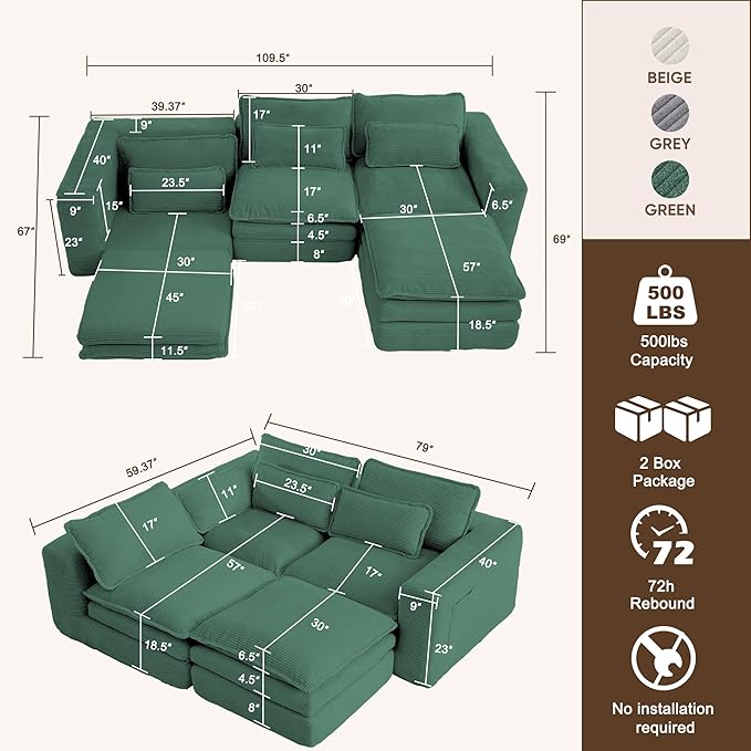 109 L Shape Modular Sectional Sofa with Ottoman Boneless Couch Three-Layer Deep 3 Seat Convertible Pull Out Sofa Bed Sleeper for Living Room No Assembly 109 L-Green